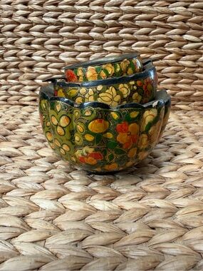 Vintage 60’s Hand Painted Floral Lacquerware Trinket Bowl & Ashtray Set of 3